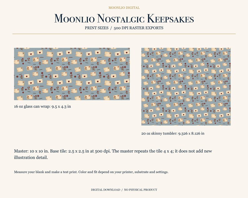 K&ouml;nnte beinhalten: Ein digitales Musterdesign namens Moonlio Nostalgic Keepsakes mit Vintage-Umschl&auml;gen und roten Rosen auf blauem Grund. Enth&auml;lt ein 24,13 x 10,92 cm gro&szlig;es Glas-Wrap und ein 23,69 x 20,64 cm gro&szlig;es Skinny-Tumbler-Wrap f&uuml;r 16 oz und 20 oz.