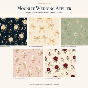 Puede incluir: Cinco patrones digitales sin costuras titulados Moonlit Wedding Atelier. Los dise&ntilde;os incluyen: azul oscuro con rosas y lunas, crema con lazos color champ&aacute;n y perlas, verde salvia con anillos y flores, rosa empolvado con pasteles y velas, y crema con rosas burdeos.