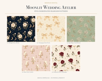 Op de afbeelding: Vijf naadloze digitale patronen getiteld Moonlit Wedding Atelier. De ontwerpen bevatten: donkerblauw met rozen en manen, crème met champagnekleurige strikken en parels, saliegroen met ringen en bloemen, oudroze met taarten en kaarsen, en crème met bordeauxrode rozen.
