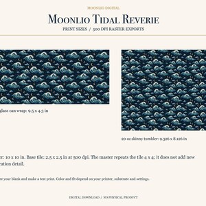以下が含まれることがあります： MOONLIO TIDAL REVERIEと題されたデジタルダウンロードで、濃い青の波と三日月の繰り返し模様が特徴です。24.13 x 10.92 cmのグラス用ラップ、23.69 x 20.64 cmのタンブラー用ラップ、25.4 x 25.4 cmのマスターファイルが含まれています。