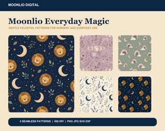 Könnte beinhalten: Eine digitale Sammlung mit dem Titel Moonlio Everyday Magic mit fünf nahtlosen Mustern. Die Designs umfassen Löwen mit Monden und Sternen auf Dunkelblau, florale Mondphasen auf Lavendel, Regenbögen auf Salbeigrün, florale Monde auf Creme und Löwen-Sternbilder.