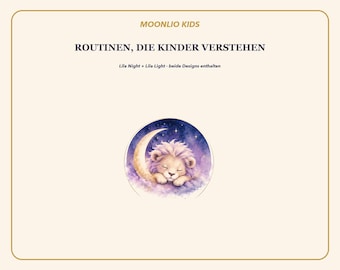 Kids Routine Cards Purple Night + Light | 72 Cards & 6 Daily Routine Boards | German English 300 dpi PDF