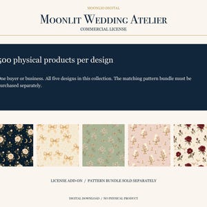 Op de afbeelding: Een commercieel licentiedocument voor Moonlit Wedding Atelier met de tekst 500 fysieke producten per ontwerp. Onder de tekst staan vijf vierkante patroonstalen: donkerblauw met rozen en manen, crème met strikken, saliegroen met bloemen, roze met taarten en crème met rode rozen.
