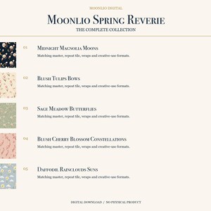 May include: A digital collection titled Moonlio Spring Reverie featuring five patterns: Midnight Magnolia Moons, Blush Tulips Bows, Sage Meadow Butterflies, Blush Cherry Blossom Constellations, and Daffodil Rainclouds Suns, each with matching master, repeat tile, and creative-use formats.