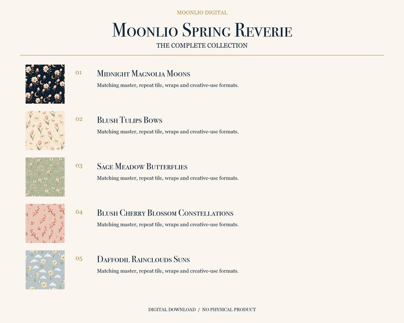 May include: A digital collection titled Moonlio Spring Reverie featuring five patterns: Midnight Magnolia Moons, Blush Tulips Bows, Sage Meadow Butterflies, Blush Cherry Blossom Constellations, and Daffodil Rainclouds Suns, each with matching master, repeat tile, and creative-use formats.