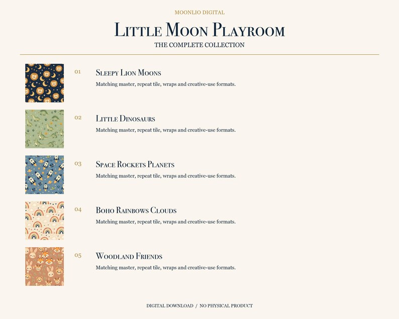 May include: A digital collection titled Little Moon Playroom featuring five pattern swatches: Sleepy Lion Moons, Little Dinosaurs, Space Rockets Planets, Boho Rainbows Clouds, and Woodland Friends, each with matching master, repeat tile, and wrap formats.