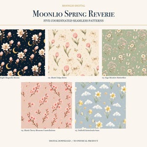 May include: A digital collection titled Moonlio Spring Reverie featuring five seamless patterns: Midnight Magnolia Moons, Blush Tulips Bows, Sage Meadow Butterflies, Blush Cherry Blossom Constellations, and Daffodil Rainclouds Suns.