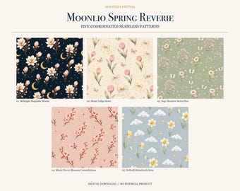 Könnte beinhalten: Eine digitale Kollektion mit dem Titel Moonlio Spring Reverie, die fünf nahtlose Muster enthält: Midnight Magnolia Moons, Blush Tulips Bows, Sage Meadow Butterflies, Blush Cherry Blossom Constellations und Daffodil Rainclouds Suns.