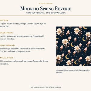 May include: A digital download titled Moonlio Spring Reverie featuring a repeating pattern of light pink magnolia flowers and gold crescent moons on a dark navy background. The image includes technical specifications for print files, tumbler wraps, and SVG formats.
