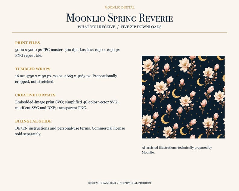 May include: A digital download titled Moonlio Spring Reverie featuring a repeating pattern of light pink magnolia flowers and gold crescent moons on a dark navy background. The image includes technical specifications for print files, tumbler wraps, and SVG formats.