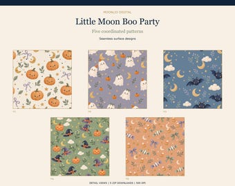 Puede incluir: Cinco patrones de superficie sin costuras titulados Little Moon Boo Party de Moonlio Digital. Los diseños presentan ilustraciones de calabazas, fantasmas, murciélagos, lunas, estrellas, sombreros de bruja y dulces en varias paletas de colores como crema, morado, azul, verde y naranja.
