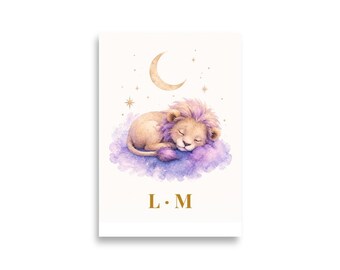 Personalized Nursery Name Poster | Sleeping Lion, Moon & Stars | Baby Room Decor | New Baby Gift