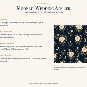 Puede incluir: Un producto de descarga digital titulado Moonlit Wedding Atelier que presenta un patr&oacute;n continuo de rosas color crema, hojas verdes y lunas crecientes doradas sobre un fondo azul marino con estrellas, incluyendo archivos de impresi&oacute;n y envoltorios.