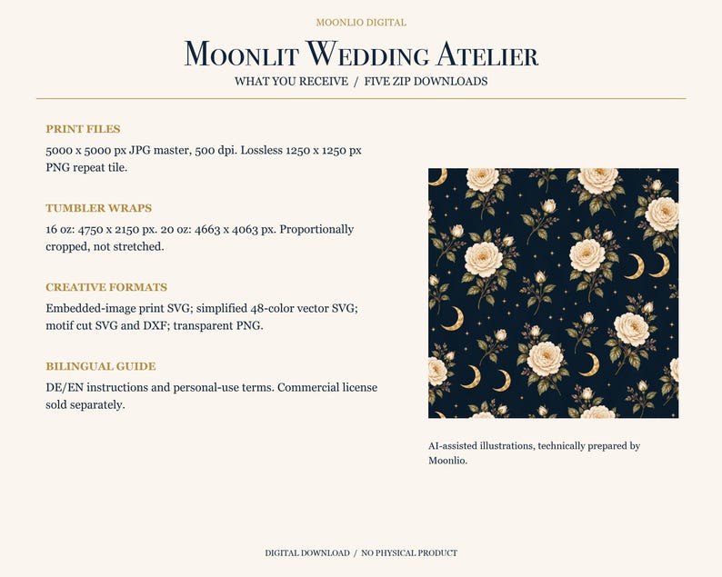 Puede incluir: Un producto de descarga digital titulado Moonlit Wedding Atelier que presenta un patr&oacute;n continuo de rosas color crema, hojas verdes y lunas crecientes doradas sobre un fondo azul marino con estrellas, incluyendo archivos de impresi&oacute;n y envoltorios.