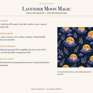 May include: A digital download titled Lavender Moon Magic featuring a repeating pattern of yellow full moons, purple lavender sprigs, and small stars on a dark background. The text lists file formats including JPG, PNG, SVG, and DXF for print and tumbler wraps.