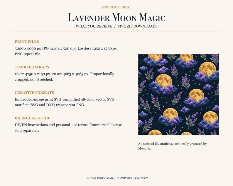 May include: A digital download titled Lavender Moon Magic featuring a repeating pattern of yellow full moons, purple lavender sprigs, and small stars on a dark background. The text lists file formats including JPG, PNG, SVG, and DXF for print and tumbler wraps.