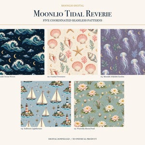 以下が含まれることがあります： Moonlio Tidal Reverieと題された5つのシームレスパターン。デザインには、月が描かれた濃紺の海の波、クリーム色の貝殻とサンゴ、紫色のクラゲ、青いヨットと灯台、トンボが描かれた緑色のスイレンが含まれています。