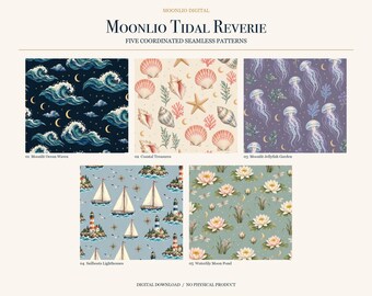 May include: Five seamless patterns titled Moonlio Tidal Reverie. Designs include dark blue ocean waves with moons, cream-coloured seashells and coral, purple jellyfish, blue sailboats and lighthouses, and green waterlilies with dragonflies.