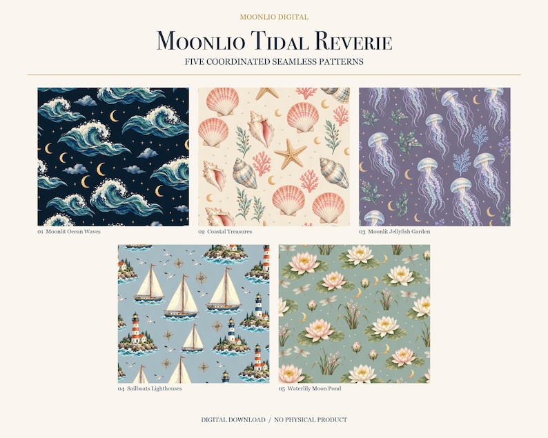 以下が含まれることがあります： Moonlio Tidal Reverieと題された5つのシームレスパターン。デザインには、月が描かれた濃紺の海の波、クリーム色の貝殻とサンゴ、紫色のクラゲ、青いヨットと灯台、トンボが描かれた緑色のスイレンが含まれています。