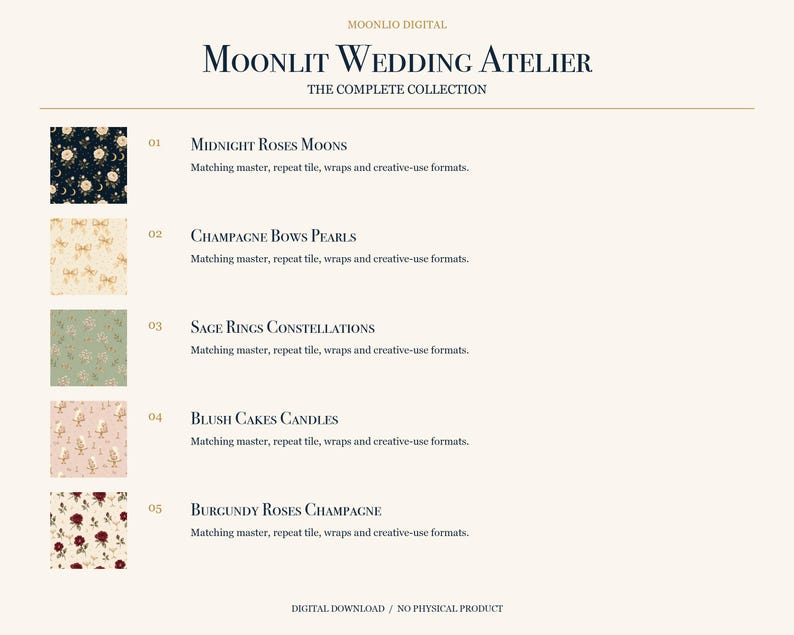 Puede incluir: Una colecci&oacute;n digital titulada Moonlit Wedding Atelier que presenta cinco patrones: Midnight Roses Moons, Champagne Bows Pearls, Sage Rings Constellations, Blush Cakes Candles y Burgundy Roses Champagne, cada uno con formatos maestros y de mosaico.