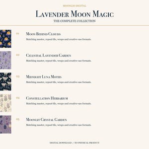 May include: A digital collection titled Lavender Moon Magic featuring five distinct patterns: Moon Behind Clouds, Celestial Lavender Garden, Midnight Luna Moths, Constellation Herbarium, and Moonlit Crystal Garden, each with matching master, repeat tile, and wrap formats.