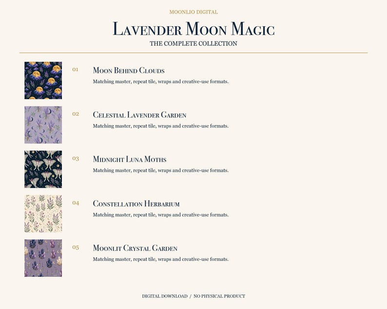 May include: A digital collection titled Lavender Moon Magic featuring five distinct patterns: Moon Behind Clouds, Celestial Lavender Garden, Midnight Luna Moths, Constellation Herbarium, and Moonlit Crystal Garden, each with matching master, repeat tile, and wrap formats.