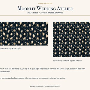 Puede incluir: Un patr&oacute;n digital con rosas color crema, lunas crecientes y estrellas sobre un fondo azul marino. El texto incluye Moonlit Wedding Atelier, 16 oz glass can wrap 9.5 x 4.3 in, 20 oz skinny tumbler 9.326 x 8.126 in y master 10 x 10 in.