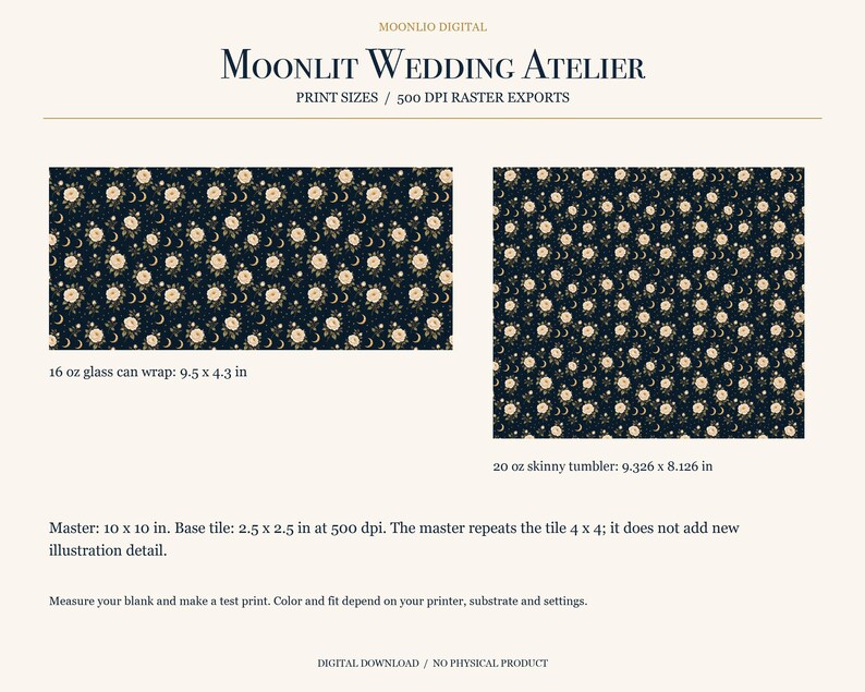 Puede incluir: Un patr&oacute;n digital con rosas color crema, lunas crecientes y estrellas sobre un fondo azul marino. El texto incluye Moonlit Wedding Atelier, 16 oz glass can wrap 9.5 x 4.3 in, 20 oz skinny tumbler 9.326 x 8.126 in y master 10 x 10 in.