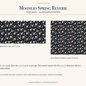 May include: Moonlio Spring Reverie digital design featuring a dark blue background with repeating floral patterns and crescent moons. Includes a 24.13 x 10.92 cm glass can wrap, a 23.69 x 20.64 cm skinny tumbler wrap, and a 25.4 x 25.4 cm master file.