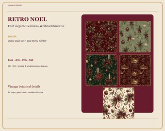 Könnte beinhalten: Eine digitale Sammlung mit dem Titel RETRO NOEL, die fünf nahtlose Weihnachtsmotive mit botanischen Details enthält. Die Designs zeigen Ornamente, Tannenzweige und Schleifen in Rot, Grün und Creme, verfügbar als PNG, JPG, SVG und DXF Dateien.