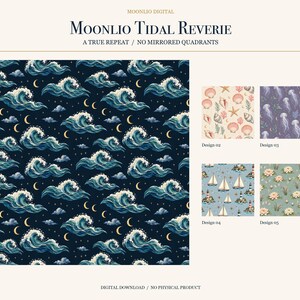 以下が含まれることがあります： Moonlio Tidal Reverieと題されたデジタルパターンコレクション。濃い青の背景に海の波、三日月、星が繰り返されています。4つの小さな正方形のサンプルには、貝殻、クラゲ、ヨット、スイレンを描いた追加のパターンが表示されています。