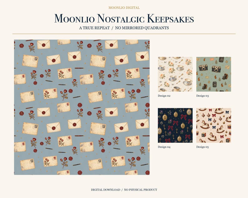 K&ouml;nnte beinhalten: Eine digitale Musterkollektion mit dem Titel Moonlio Nostalgic Keepsakes, die einen blauen Hintergrund mit Vintage-Umschl&auml;gen, roten Rosen und Wachssiegeln zeigt. Weitere Muster zeigen Teetassen, Kameras, goldene Medaillons mit Schleifen und Schaukelpferde.