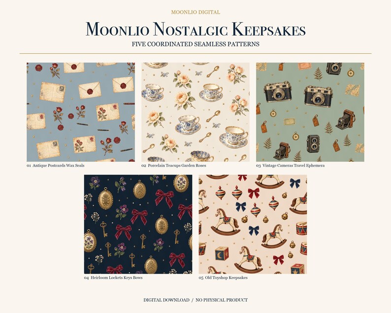 K&ouml;nnte beinhalten: Eine digitale Sammlung mit dem Titel Moonlio Nostalgic Keepsakes mit f&uuml;nf nahtlosen Mustern: antike Postkarten mit Wachssiegeln, Porzellantassen mit Rosen, Vintage-Kameras, Erbst&uuml;ck-Medaillons mit Schl&uuml;sseln und Schleifen sowie altes Spielzeug.