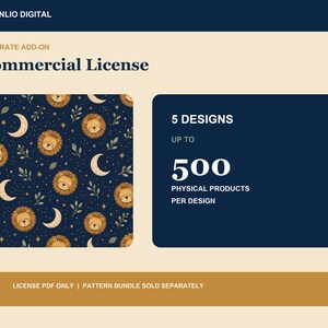 Op de afbeelding: Een digitaal commercieel licentiedocument van Moonlio Digital met een patroon van leeuwen, manen en sterren op een donkerblauwe achtergrond. De tekst vermeldt 5 ontwerpen tot 500 fysieke producten per ontwerp. Alleen licentie-PDF, patroonbundel apart verkocht.