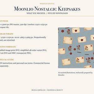 K&ouml;nnte beinhalten: Ein digitales Muster mit Vintage-Umschl&auml;gen, roten Rosen und Wachssiegeln auf staubblauem Grund. Der Text lautet Moonlio Nostalgic Keepsakes, Print Files, Tumbler Wraps, Creative Formats und Bilingual Guide und beschreibt die Dateispezifikationen.