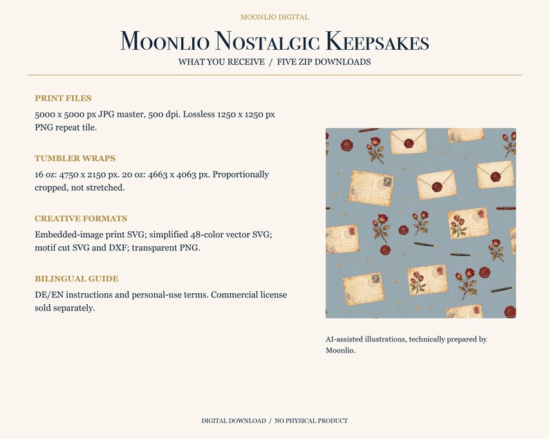 K&ouml;nnte beinhalten: Ein digitales Muster mit Vintage-Umschl&auml;gen, roten Rosen und Wachssiegeln auf staubblauem Grund. Der Text lautet Moonlio Nostalgic Keepsakes, Print Files, Tumbler Wraps, Creative Formats und Bilingual Guide und beschreibt die Dateispezifikationen.