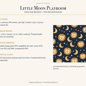 May include: A digital download titled Little Moon Playroom featuring a seamless pattern of cartoon lion faces, yellow crescent moons, and small stars on a dark navy blue background. The text lists file formats including JPG, PNG, SVG, and DXF.