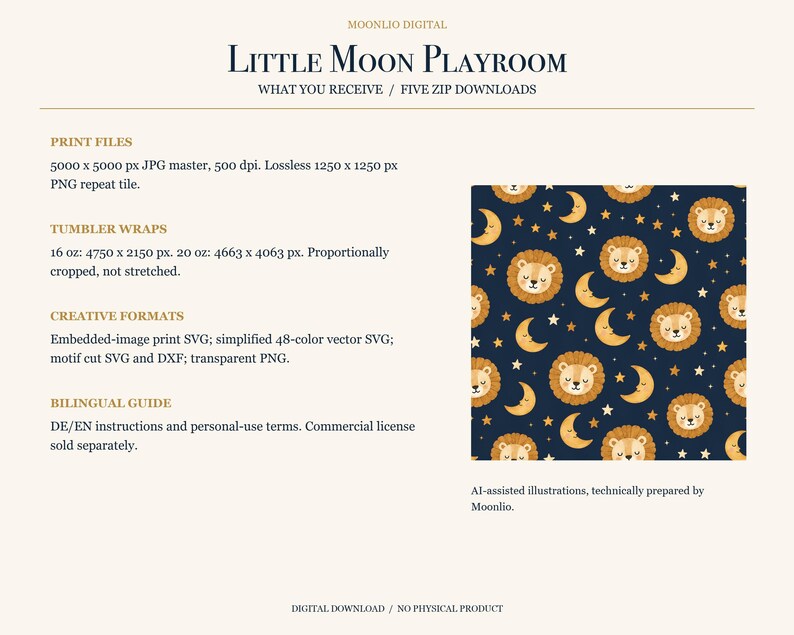 May include: A digital download titled Little Moon Playroom featuring a seamless pattern of cartoon lion faces, yellow crescent moons, and small stars on a dark navy blue background. The text lists file formats including JPG, PNG, SVG, and DXF.