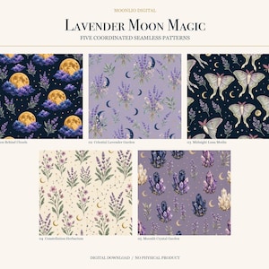 May include: Five seamless patterns titled Lavender Moon Magic by Moonlio Digital. Designs include yellow moons with purple clouds, lavender bouquets with crescent moons, luna moths, floral constellations on cream, and purple crystals with moons.