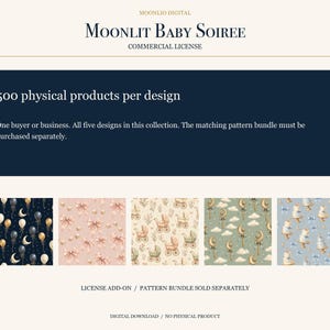 May include: A digital commercial licence for Moonlit Baby Soiree designs, allowing 500 physical products per design. The document features text detailing licence terms and displays five distinct pattern swatches including balloons, bows, carriages, moons, and cakes.