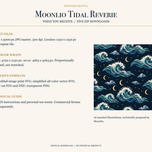 以下が含まれることがあります： Moonlio Tidal Reverieと題されたデジタルダウンロードで、濃紺の背景に青い海の波、白い波しぶき、黄色い三日月、小さな星が繰り返されるパターンが描かれており、技術的なファイル仕様が記載されています。