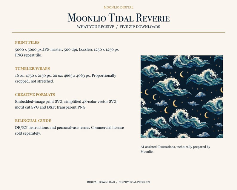 以下が含まれることがあります： Moonlio Tidal Reverieと題されたデジタルダウンロードで、濃紺の背景に青い海の波、白い波しぶき、黄色い三日月、小さな星が繰り返されるパターンが描かれており、技術的なファイル仕様が記載されています。