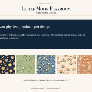 May include: A commercial licence document for Little Moon Playroom featuring five pattern designs: lions with moons, dinosaurs, space rockets, rainbows with hearts, and woodland animals. The text states 500 physical products per design.