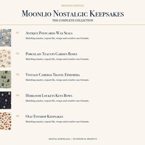 K&ouml;nnte beinhalten: Eine digitale Sammlung mit dem Titel Moonlio Nostalgic Keepsakes, die f&uuml;nf Musterbeispiele enth&auml;lt: Antique Postcards Wax Seals, Porcelain Teacups Garden Roses, Vintage Cameras Travel Ephemera, Heirloom Lockets Keys Bows und Old Toyshop Keepsakes.
