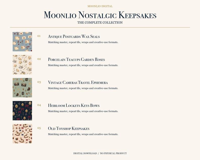 K&ouml;nnte beinhalten: Eine digitale Sammlung mit dem Titel Moonlio Nostalgic Keepsakes, die f&uuml;nf Musterbeispiele enth&auml;lt: Antique Postcards Wax Seals, Porcelain Teacups Garden Roses, Vintage Cameras Travel Ephemera, Heirloom Lockets Keys Bows und Old Toyshop Keepsakes.