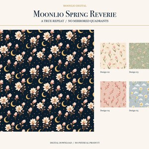 May include: A digital pattern collection titled Moonlio Spring Reverie featuring a large dark navy swatch with pink magnolia flowers and gold crescent moons. Four smaller square swatches labelled Design 02, 03, 04, and 05 show floral patterns in cream, sage green, dusty pink, and light blue.