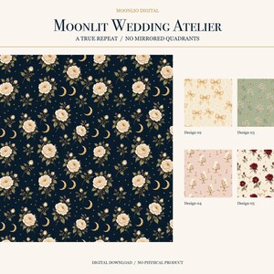 Puede incluir: Una colecci&oacute;n de patrones digitales titulada Moonlit Wedding Atelier con un fondo azul marino oscuro con rosas crema y lunas crecientes doradas, adem&aacute;s de cuatro muestras peque&ntilde;as que incluyen lazos, flores, pasteles y rosas rojas.