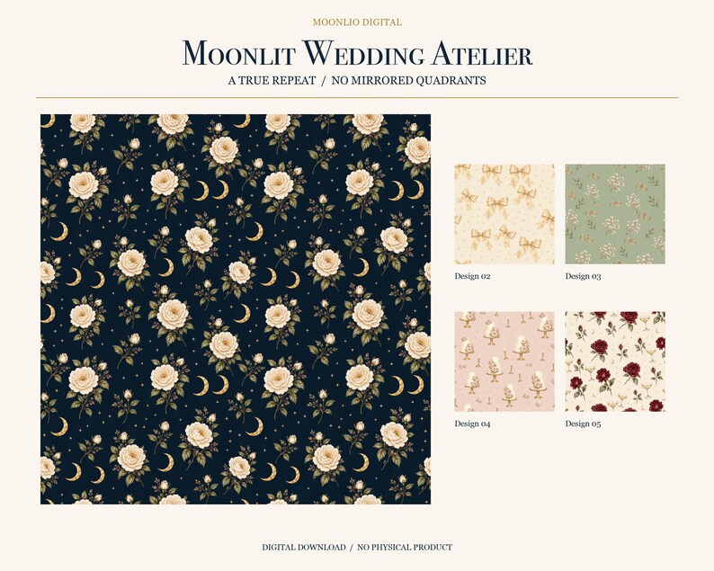 Puede incluir: Una colecci&oacute;n de patrones digitales titulada Moonlit Wedding Atelier con un fondo azul marino oscuro con rosas crema y lunas crecientes doradas, adem&aacute;s de cuatro muestras peque&ntilde;as que incluyen lazos, flores, pasteles y rosas rojas.