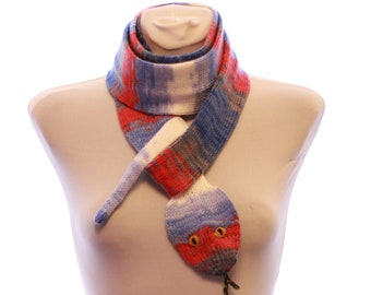 Snake Scarf / Scarf Knit  / Knitted blue red white scarf / halloween / Ready To Ship