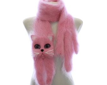 Knitted Scarf pink cat. Fuzzy  Soft Scarf cat scarf. knit cat scarf.  Animal scarf.